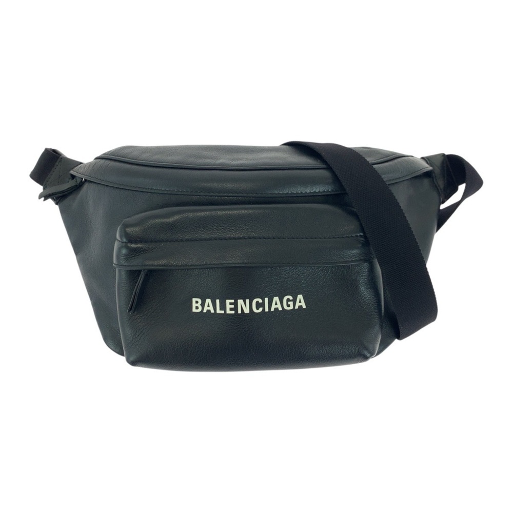 BALENCIAGA Everyday Logo Print Black Leather Body Bag/Bum Bag/Waist Bag (5523...